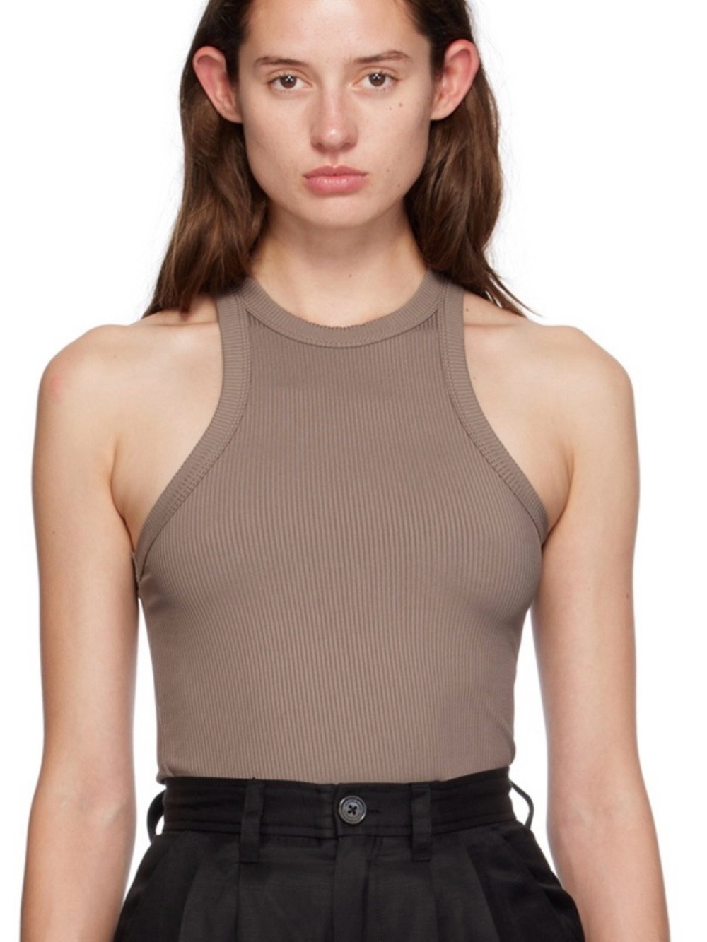 Anine Bing Ribbed High-Neck Tank Top in Olive/Mushroom, Sz S
